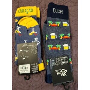 NEW 2 PR Men's Dress Socks Curacao Dushi Beer Mugs Palms Cocktails Blue & Grey